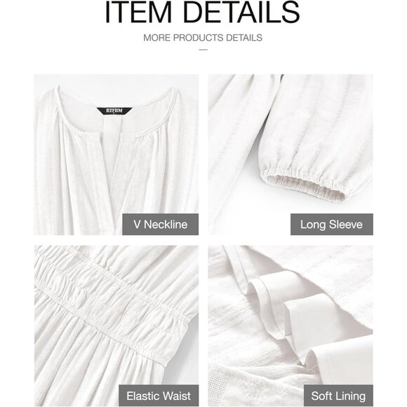 Women White Long Sleeve V Neck Elastic Waist Lightweight Maxi Dress Pockets - Picture 4 of 8